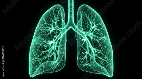 3D medical illustration of human lungs with glowing bronchial tree. High-detail digital anatomy render for healthcare and respiratory system educat...