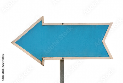 Vintage Blue Arrow Sign Pointing Left on Metal Post
