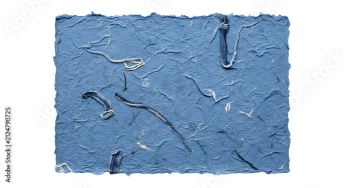 High-resolution textured blue paper with embedded white and dark fibers, designed for a premium art print in PNG format