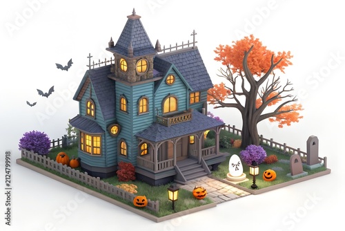 Miniature haunted victorian house with pumpkins and graveyard scene, halloween