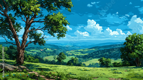 Majestic landscape with large ancient tree overlooking green rolling hills and blue sky
