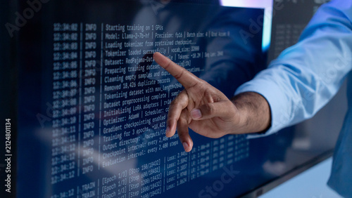 Fotografie Close up shot show hand software engineer pointing to computer screen, checking for error or inaccurate in the coding Cyber security