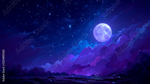 Full moon glowing in dark starry night sky with colorful violet clouds nighttime celestial