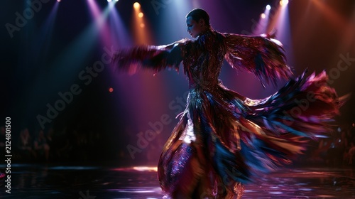 Solo circus performer in a luminous feathered costume on a dramatic stage under colorful lighting