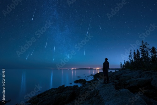 Starry night over rugged coast with multiple shooting stars streaking across the sky