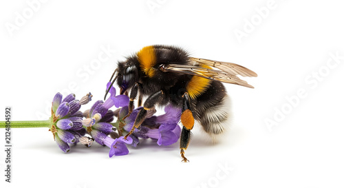 Bumblebee pollinating a purple lavender flower on white background