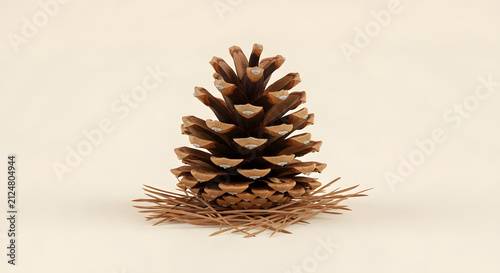 Single brown pinecone resting on pine needles over a beige background