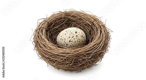 Single speckled egg in a woven bird nest on white background