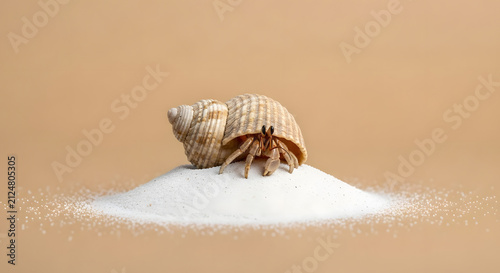 Hermit crab emerging from its shell on a pile of white sand