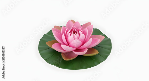 Pink water lily blooming on green leaf isolated on white background