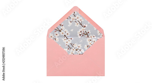 PNG - A pink envelope with a floral pattern of white cherry blossoms on the interior lining against a soft gray background