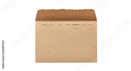 A rustic, textured brown paper envelope with a torn top edge and natural fiber details, isolated on a clean white background, PNG