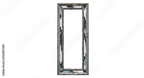 A tall, ornate silver-framed mirror with distressed, chipped paint and a reflective surface, displayed against a clean white background, PNG