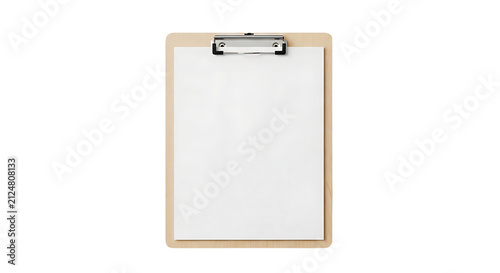 Blank wooden clipboard with metal clip against pure white background in high resolution PNG