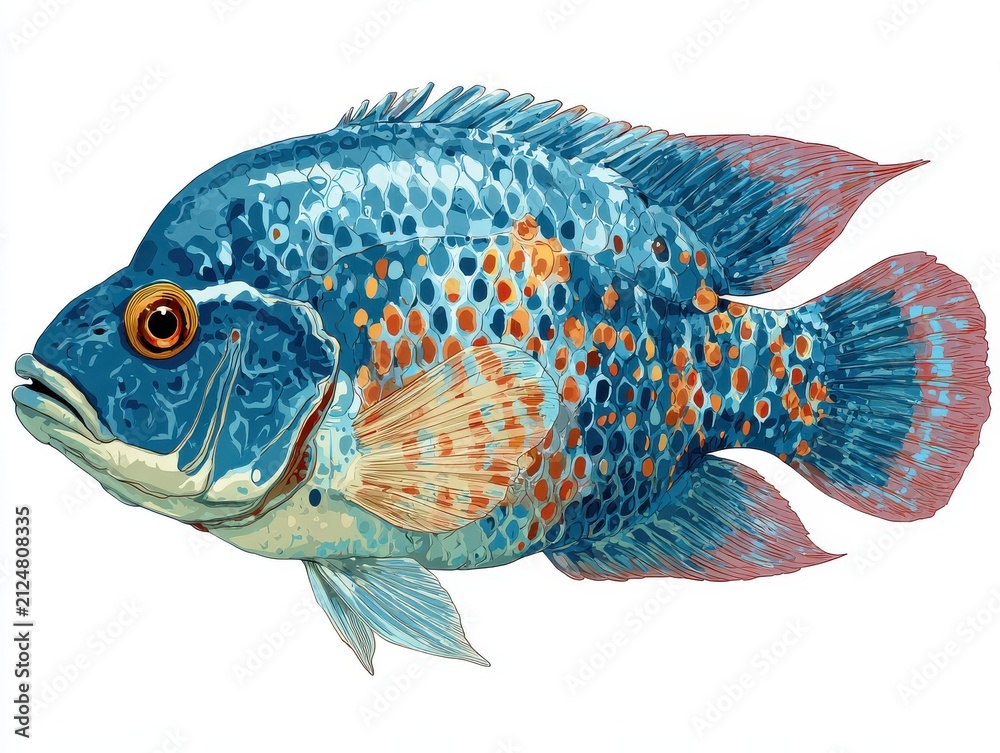 Fototapeta premium Vibrant Blue And Orange Jack Dempsey Cichlid Fish Isolated On White Background