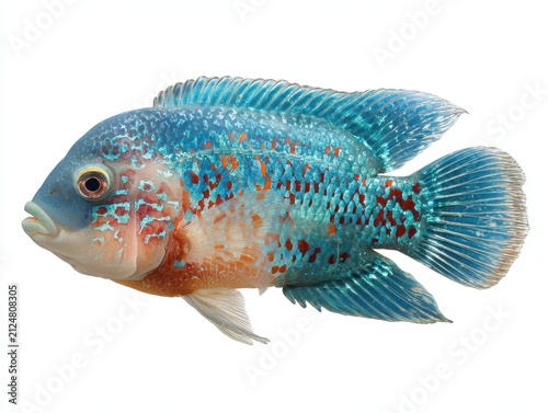 Vibrant Blue And Orange Jack Dempsey Cichlid Fish Isolated On Clean White Background