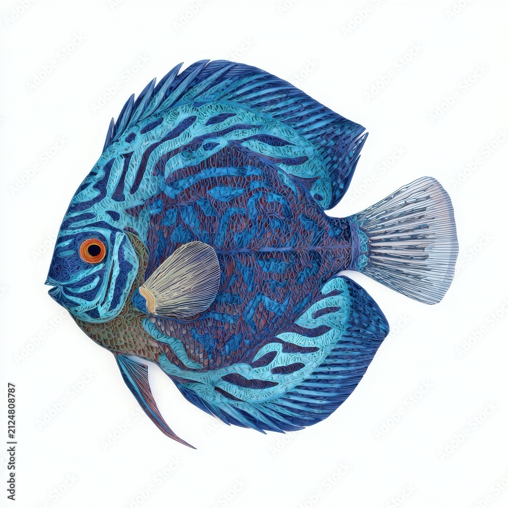 Fototapeta premium Vibrant Blue Discus Fish Side Profile Isolated On Clean White Background For Aquatic Pet Concepts