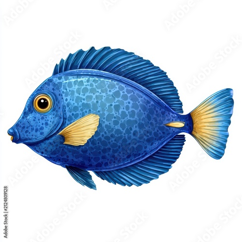 Vibrant Blue Surgeonfish With Yellow Tail And Fins On Plain Isolated White Background