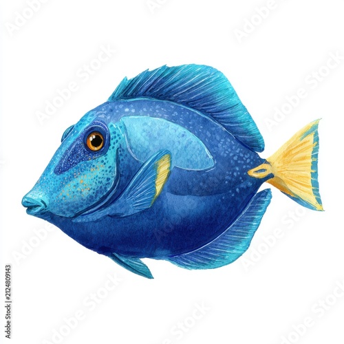 Vibrant Blue Surgeonfish With Yellow Tail Isolated On White Background Digital Painting Illustration