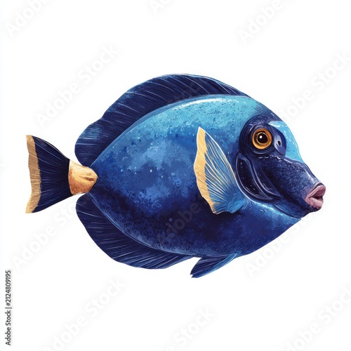 Vibrant Blue Tang Fish Isolated On Pure White Background Featuring Deep Azure Scales And Yellow Tail