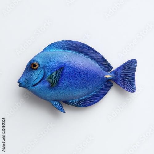 Vibrant Blue Tang Fish With Intricate Pattern Isolated Against A Clean Light Gray Studio Background
