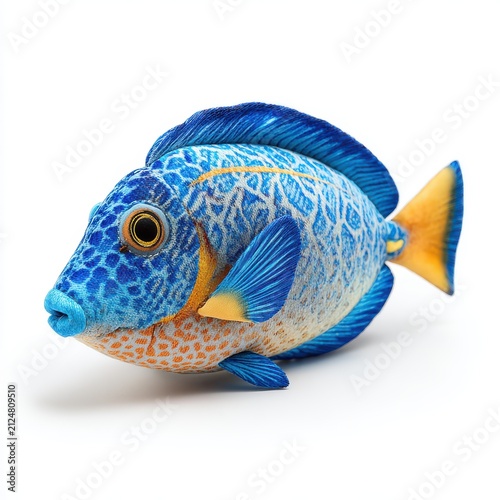 Vibrant Blue Tropical Surgeonfish With Yellow Tail Isolated On White Background
