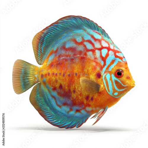 Vibrant Colorful Discus Fish Isolated On White Background With Detailed Pattern And Bright Scales