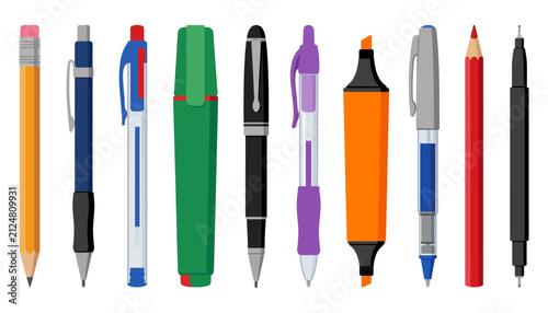 Writing Tools Vector Set with Fountain Pen Ballpoint Marker and Pencil