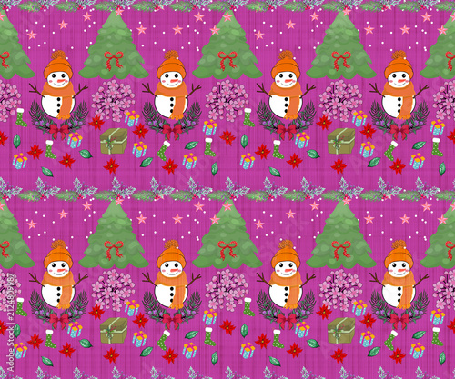 Seamless fabric art in Christmas style, festive and joyful, abstract, ethnic pattern, pink background, Christmas design. Suitable for textiles, pillows, curtains, clothing, vector images, background 