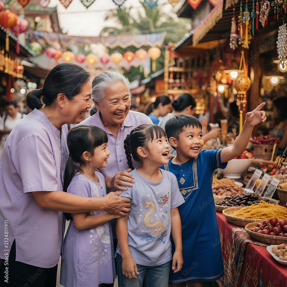 Obraz premium Happy Asian Grandmother and Grandchildren Shopping at Traditional Market.