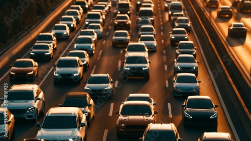 Busy Urban Highway Traffic at Sunset with Vehicles Lined Up in Multiple Lanes on a City Road During Evening Commute Hours