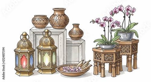 Ornate Lanterns and Orchids: A touch of timeless charm.