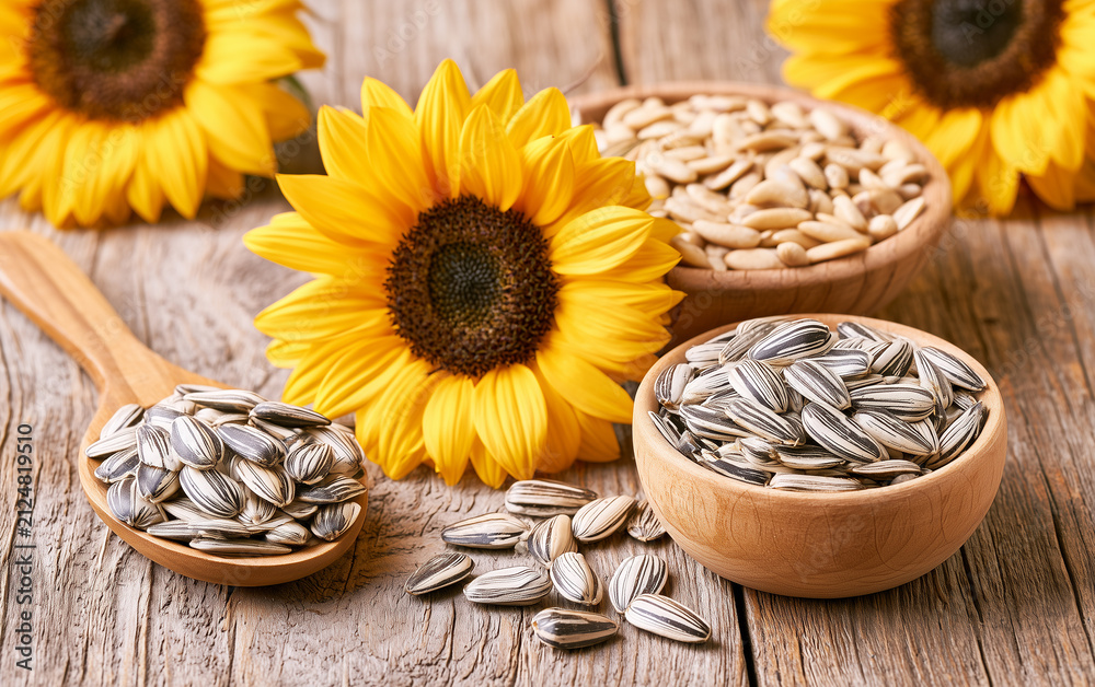 Fototapeta premium Organic sunflower seeds and flowers on wooden table