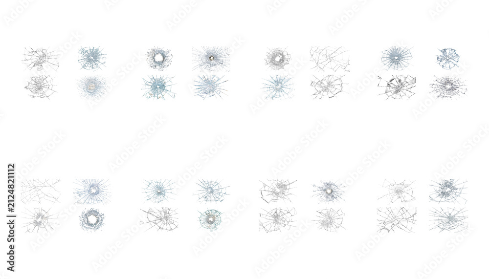 Fototapeta premium Shattered glass bullet holes collection, realistic cracked glass texture set on white background, broken window glass damage elements for design