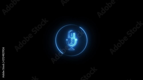 glowing neon blue podcast mic icon animation isolated on black, voice recording button animation, neon line microphone icon animation isolated on black