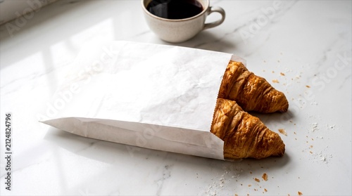 Blank white paper pastry bag with fresh croissants on a kitchen counter mockup