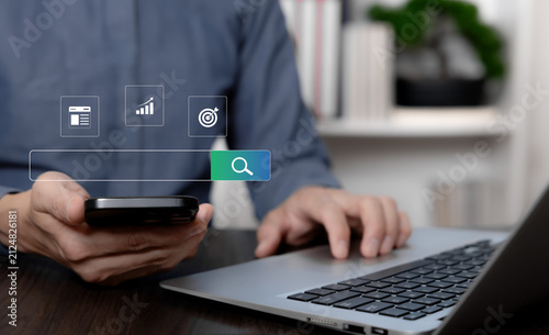 Search engine optimization concept with online search, website visibility, growth analytics and target performance, representing digital marketing strategy and business discovery.
