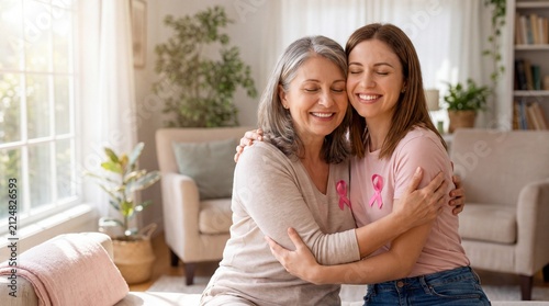 Heartwarming embrace between a grandmother and granddaughter, showcasing love, support, and connection in a cozy living room filled with natural light, Breast Cancer Awareness Month