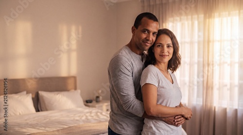 Romantic Couple Embracing in a Cozy Bedroom, Bathed in Soft Natural Light, Capturing Intimacy and Connection in a Serene Home Environment