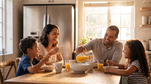 Family Enjoying Breakfast Together in a Sunlit Kitchen, Sharing Joyful Moments and Healthy Meals with Laughter and Connection