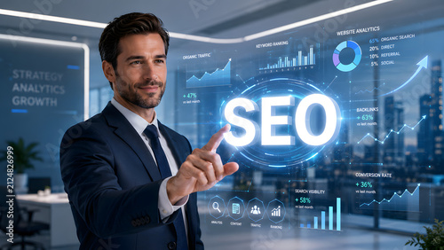 Businessman in suit pointing at glowing SEO search engine optimization text hologram with marketing analytics in modern office background.