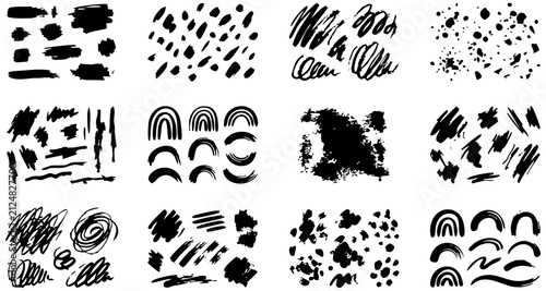 Abstract black ink brush strokes and artistic hand drawn textures collection presented as vector graphic elements