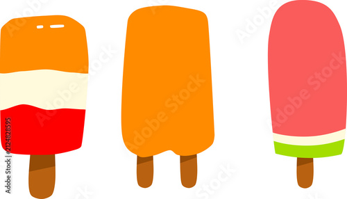 Bright colorful popsicle and ice cream collection featuring various frozen dessert illustrations isolated on transparent background. Perfect for summer promotions, restaurant menus, children's product