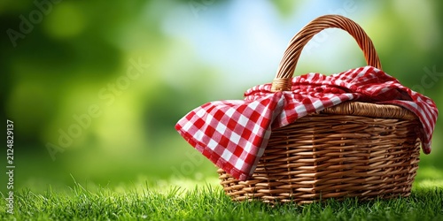 Wicker picnic basket with red checkered napkin resting on lush green grass