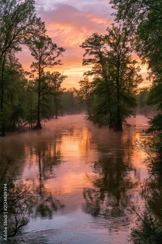 Obraz premium Sunset over Congaree River in Congaree National Park: tranquil floodplain forest reflections