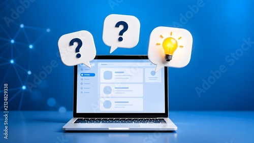 Customer support helpdesk interface with glowing lightbulb and question marks representing digital problem solving and online solutions