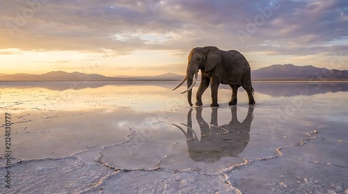 African elephant reflecting in water on vast salt flat.