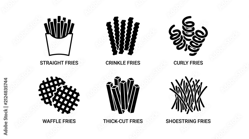 Fototapeta premium Vector Icon Set Of Different French Fry Types And Fast Food Snacks