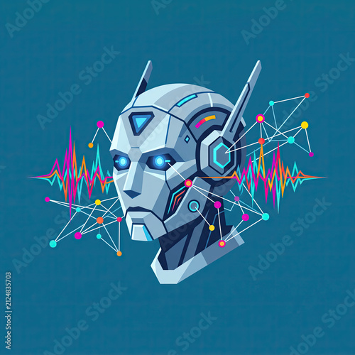 Futuristic Robot Head with Network Nodes and Colorful Waveforms Vector Illustration