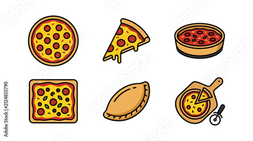 Pizza vector icon set with slice calzone square and deep dish